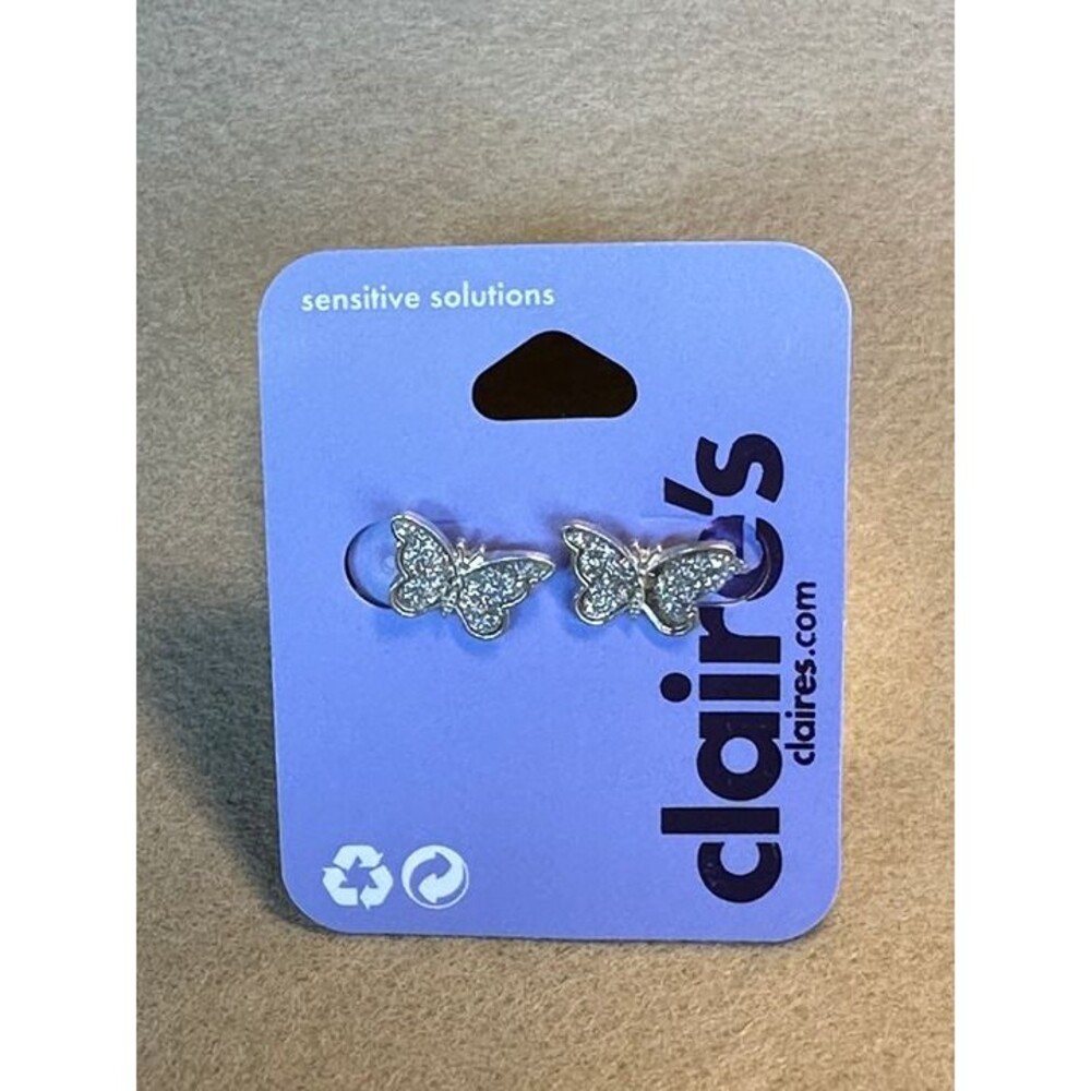 Claire's Silver Rhinestone Glitter Butterfly Stud Earrings NWT New Jewelry Gift